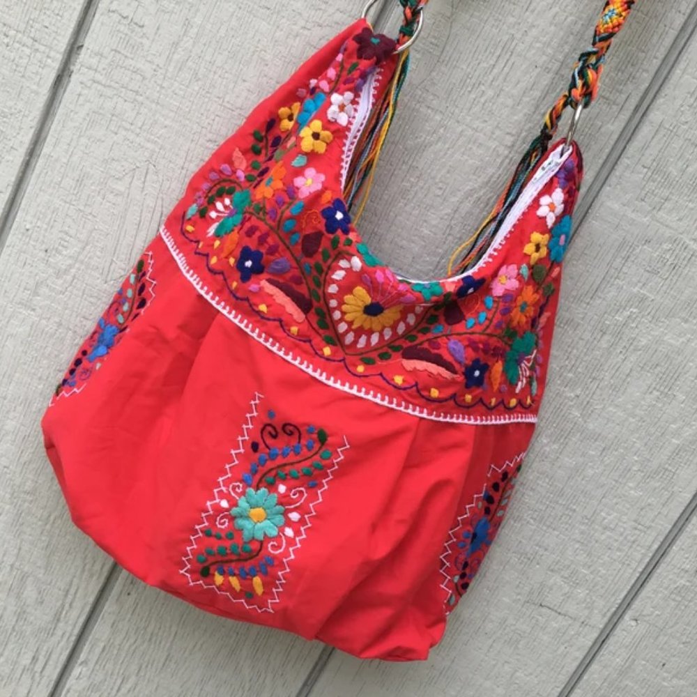 Handmade Floral Embroidered Mexican Satchel Morral Bag - Bolsa Bordada Mexicana